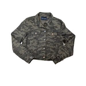 Calvin Klein Jeans Woment's M Camo Cropped Trucker Jacket Medium Raw Hem Y2K